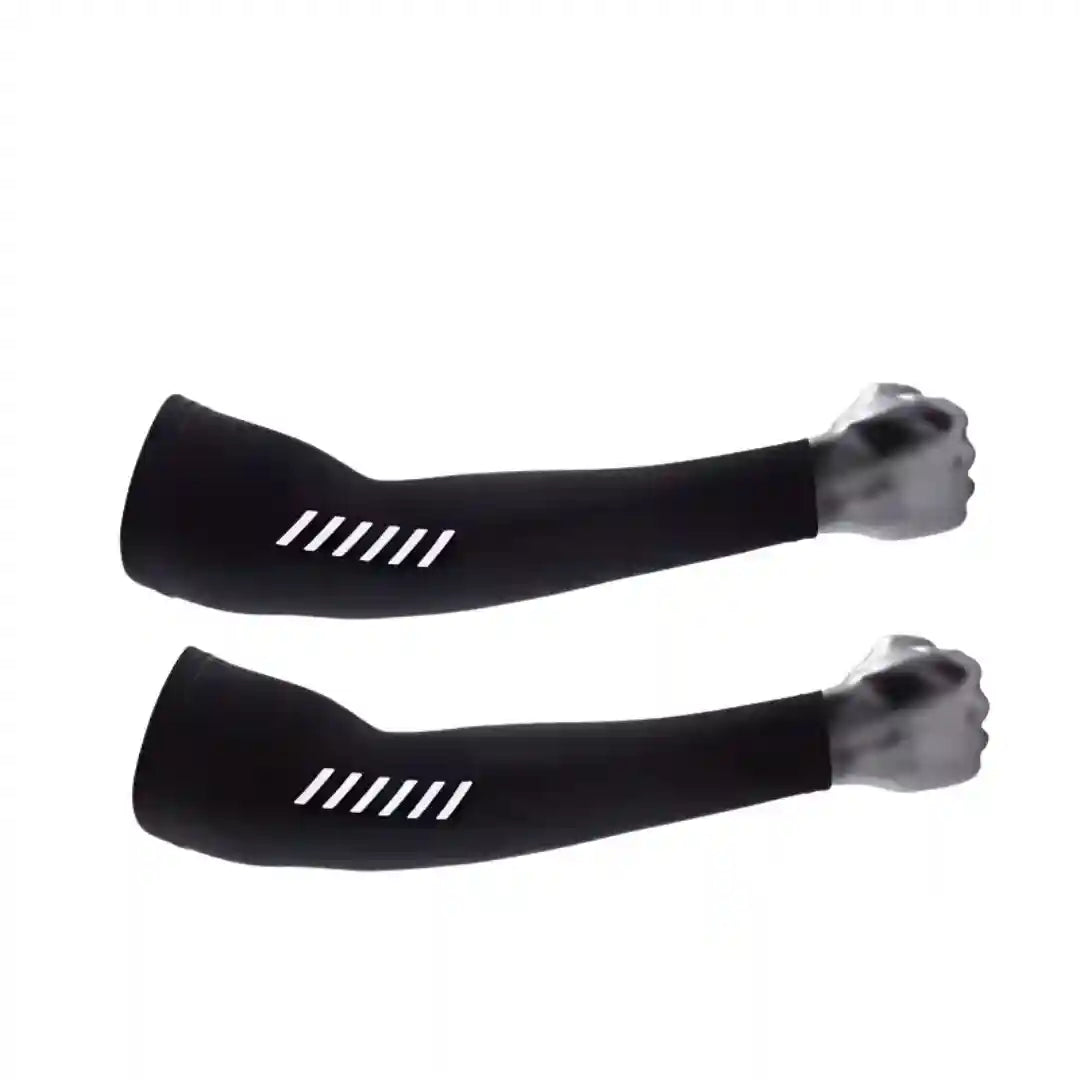 Pair of black MyFarona sun protection arm sleeves with white reflective stripes